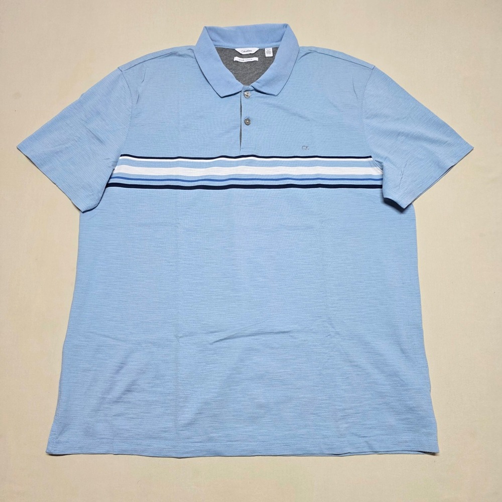 Calvin Klein Liquid Touch Polo Shirt Mens XL Blue Striped Short Sleeve Cotton